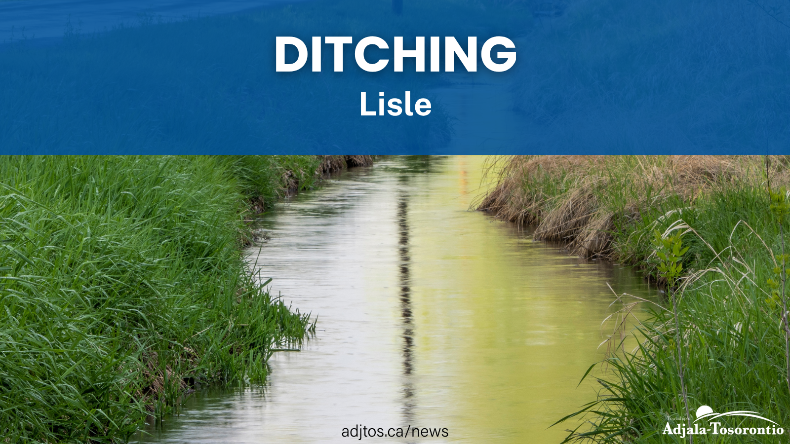 Photo of a ditch with water with white words saying ditching in Lisle