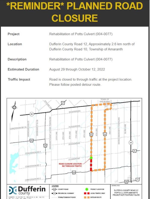 Image of Dufferin County Road Closure Map