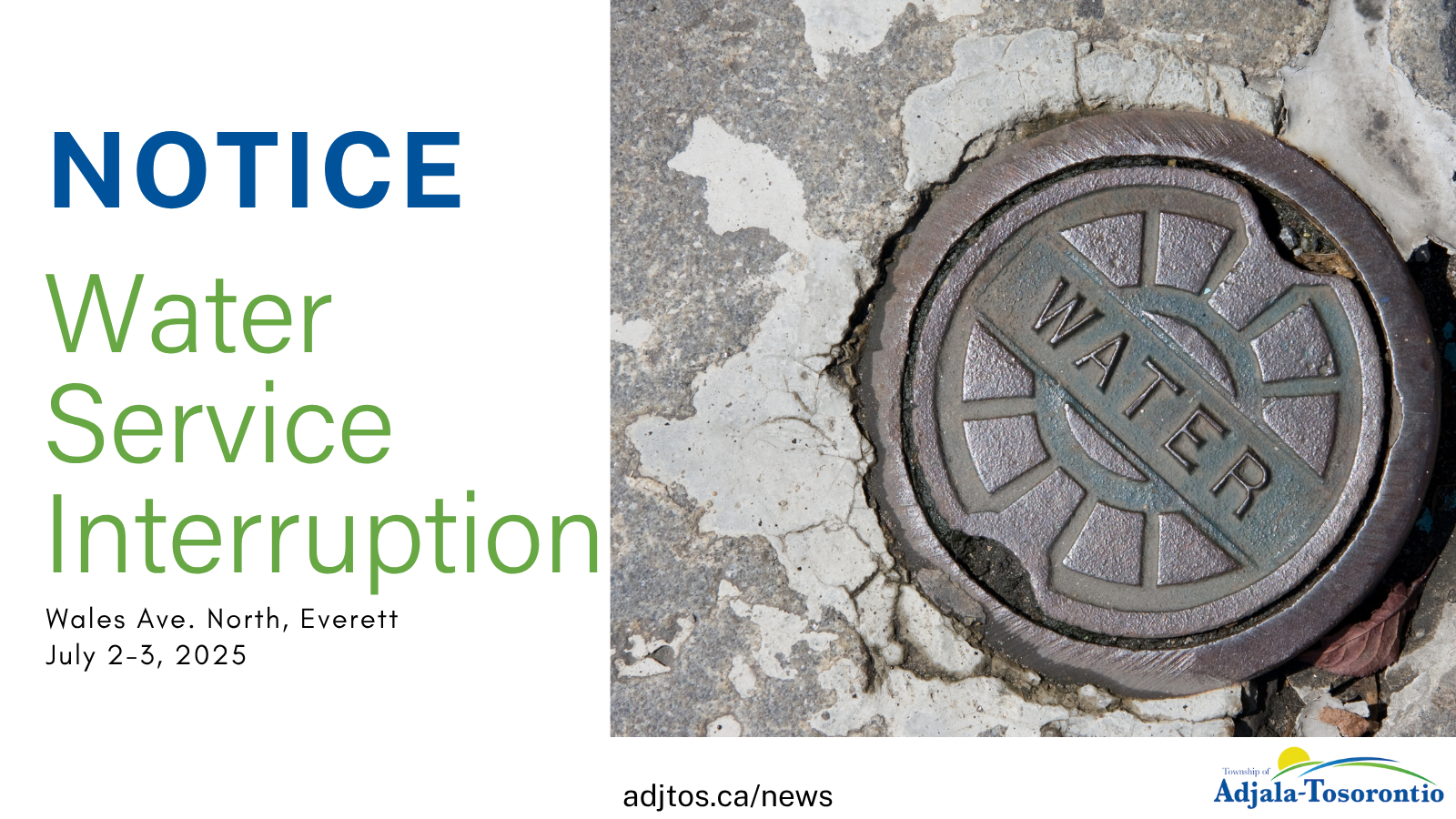 Water Service Interuption graphic on Wales Avenue North in Everett on July 2 to 3 from 9am to 4pm.