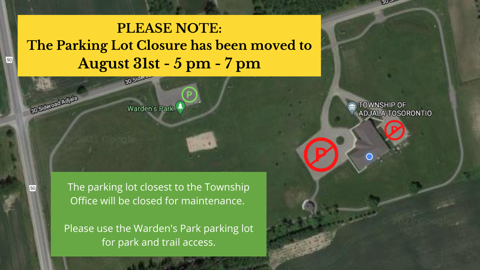 Notice of Parking Lot closure at Township Office