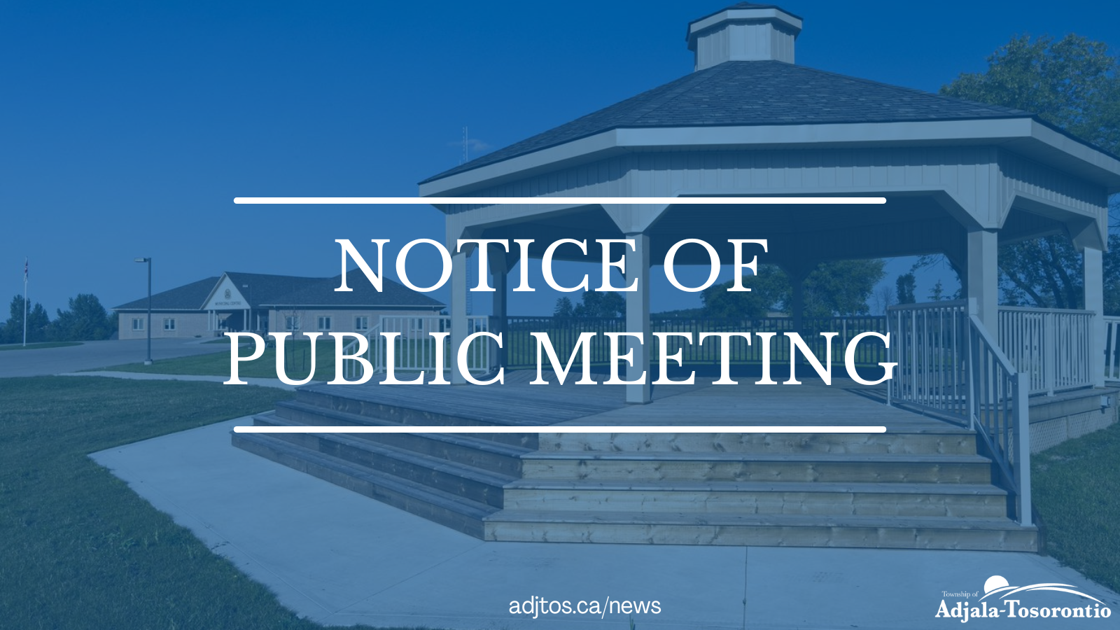 Blue background with white letters stating Notice of Public Meeting